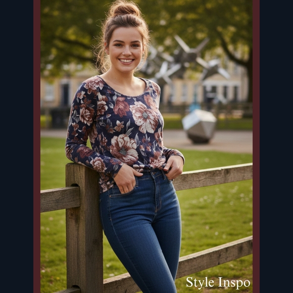 Stunning Navy & Burgundy Floral Long Sleeve Blouse - Picture 3 of 9
